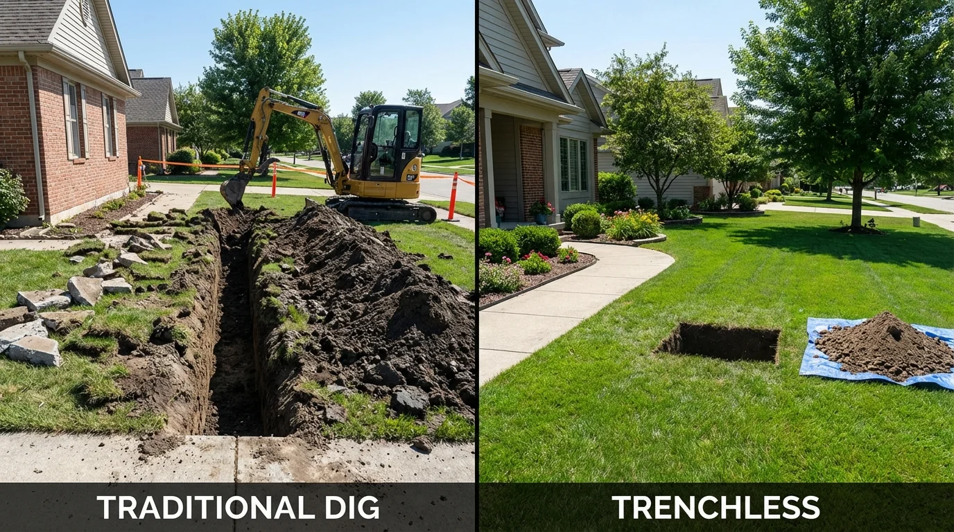 Trenchless sewer repair with minimal yard damage versus traditional excavation in Champlin, MN